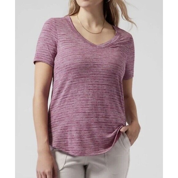 Athleta Tops - Athleta Shirt Pink Striped Breezy Scoop V-Neck Tee Size XL Classic Preppy